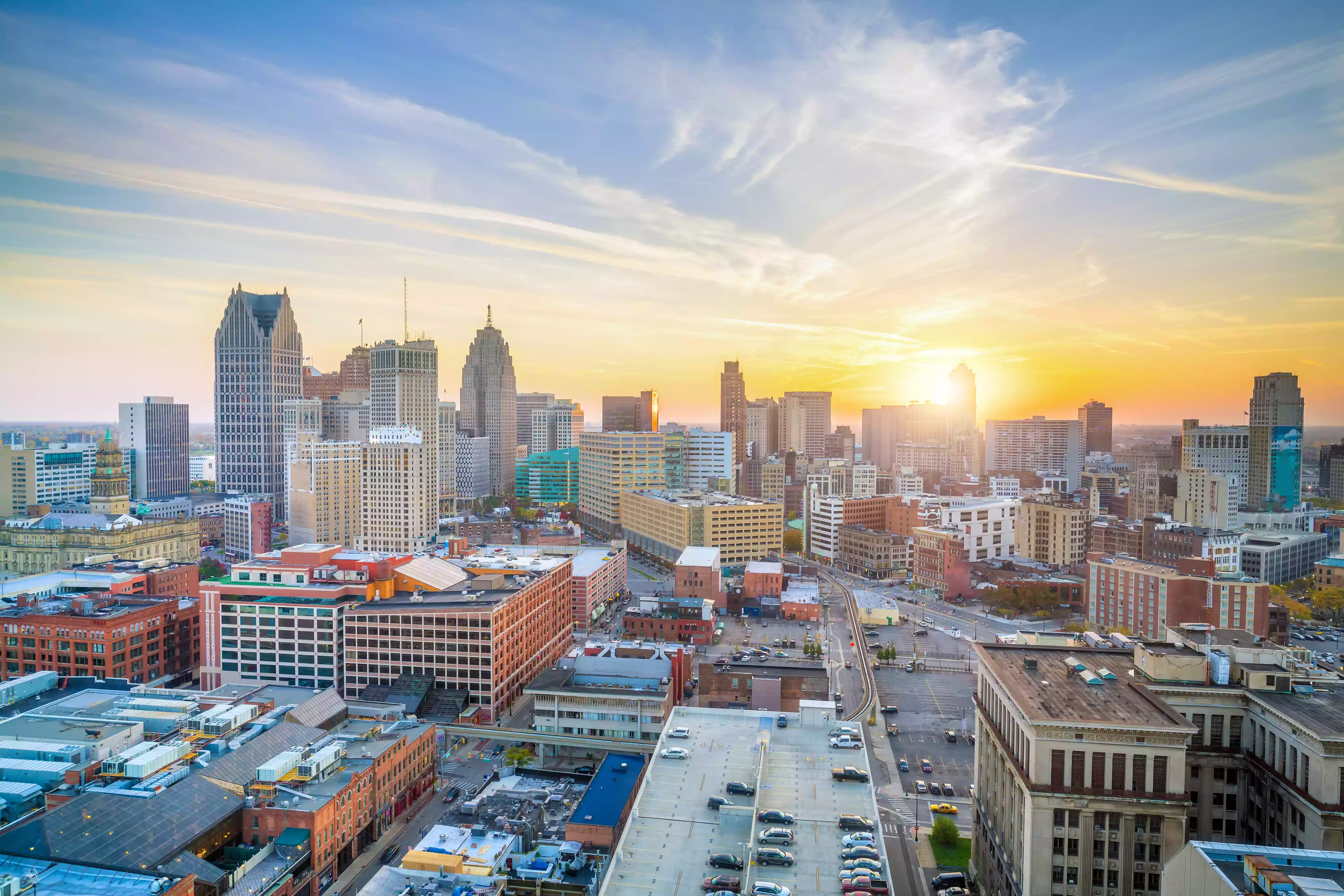Detroit downtown skyline at sunset.