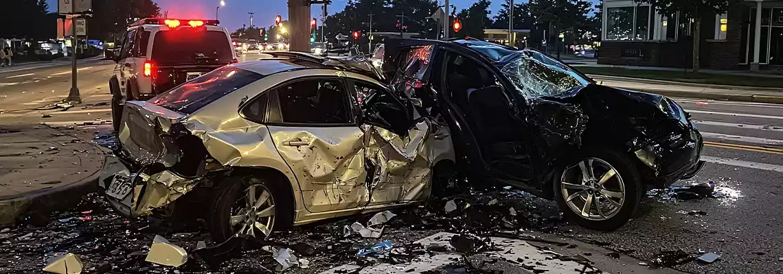 A multi-car crash with two severely crushed vehicles at a city intersection at night.