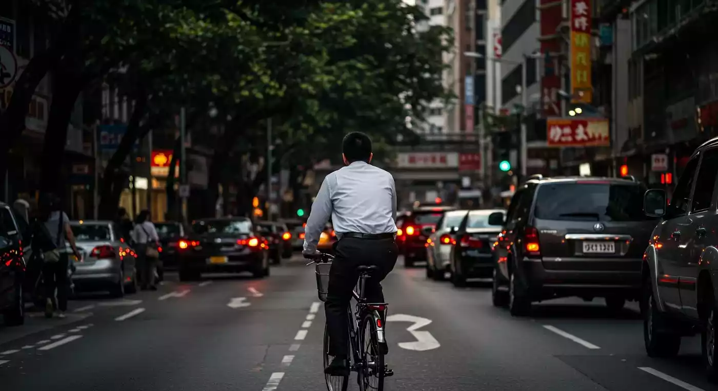 A man riding a bicycle down a busy city street filled with cars.