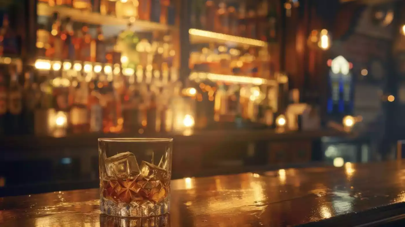 An amber drink with ice cubes inside a lowball glass sitting on a polished wooden bar counter.