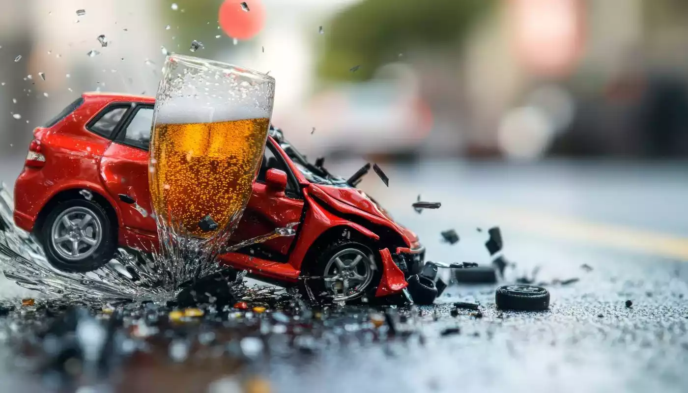 A miniature red car crashing into a large glass of beer, shattering glass on an asphalt road.