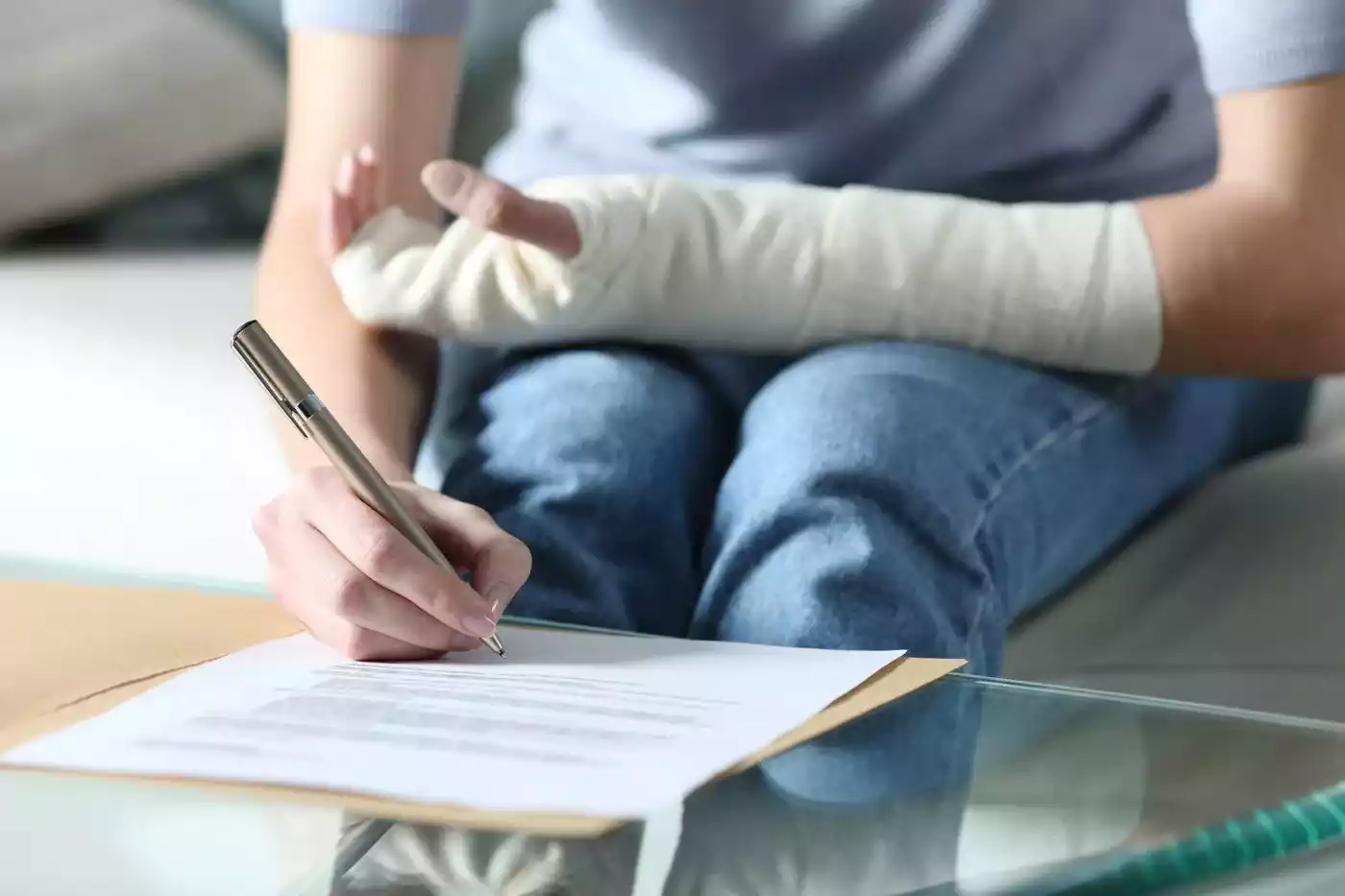 An injured person with a casted arm signs a legal document.