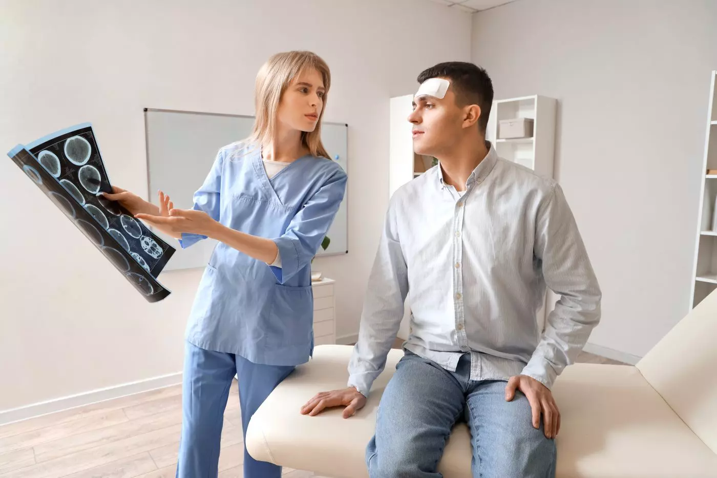 A healthcare professional reviewing medical imaging results with a patient in a clinical setting.
