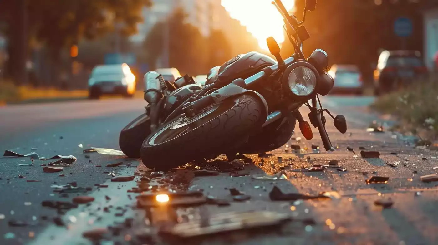 An angled low-shot of a crashed motorcycle lying on its side amidst shattered glass on a road at sunset.