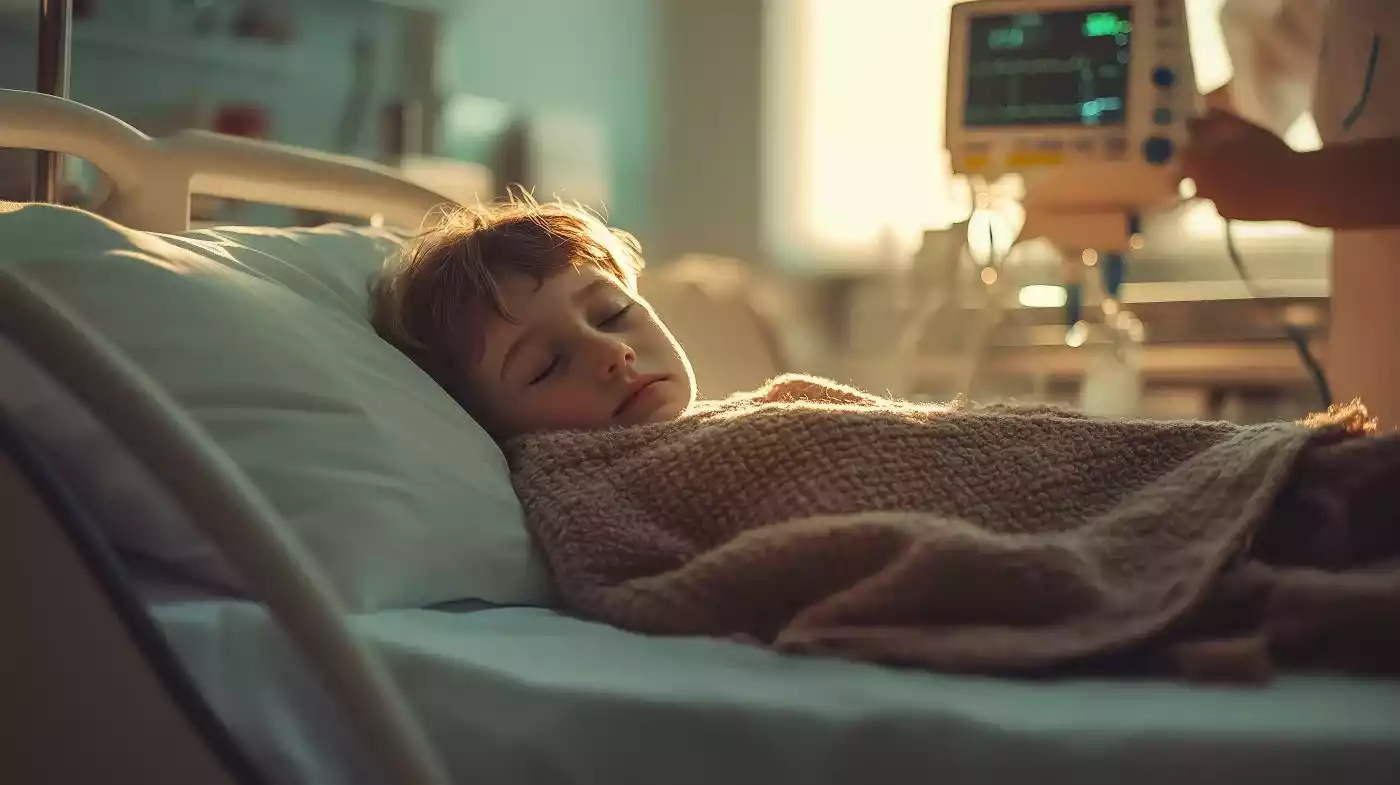 A child sleeping in a hospital bed covered with a blanket.