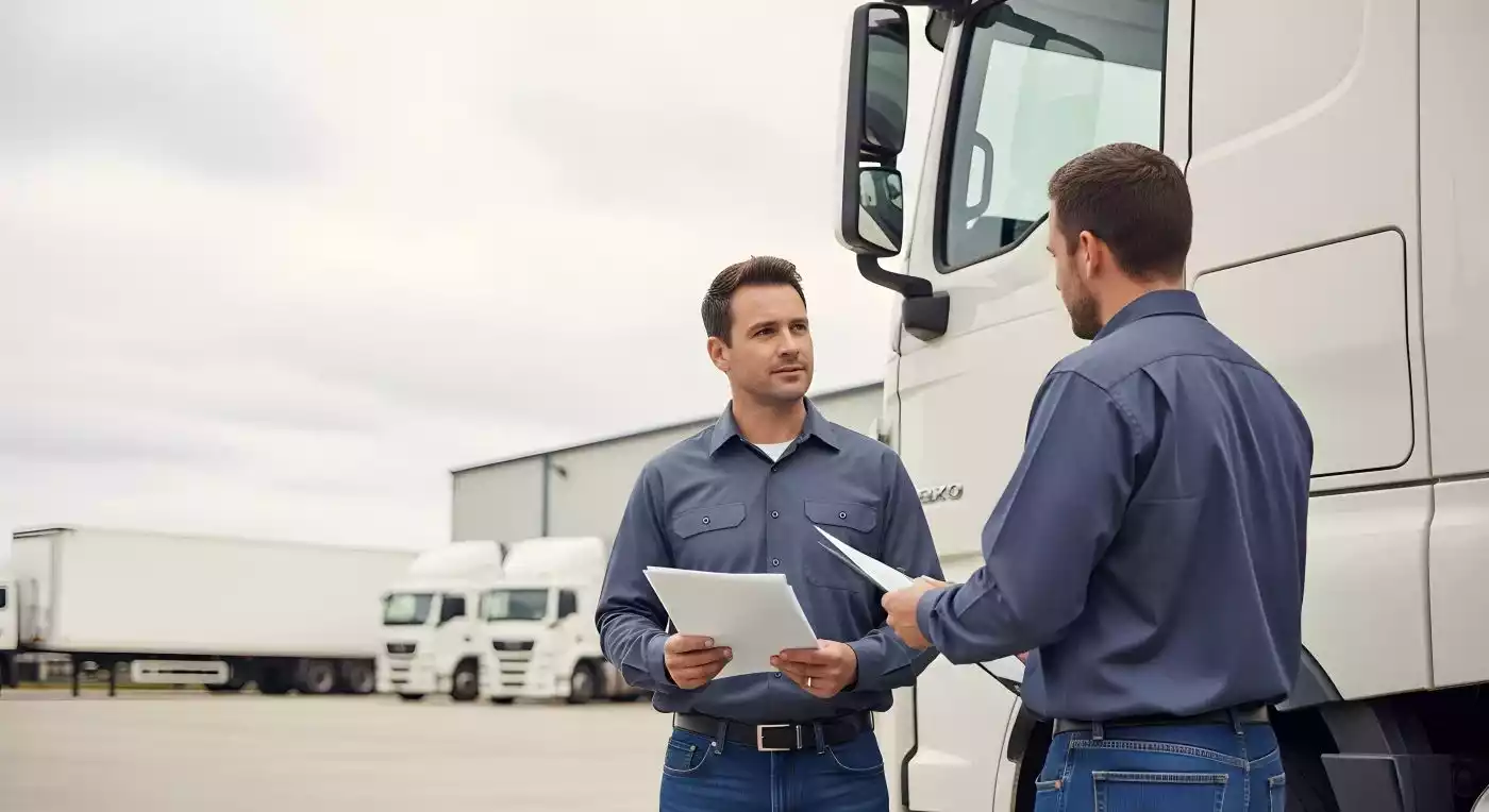 Two individuals discussing paperwork next to a large white commercial truck