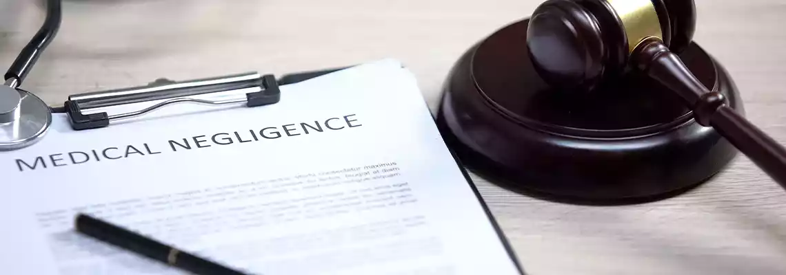 Medical negligence legal document next to a judge's gavel and a stethoscope on a desk.