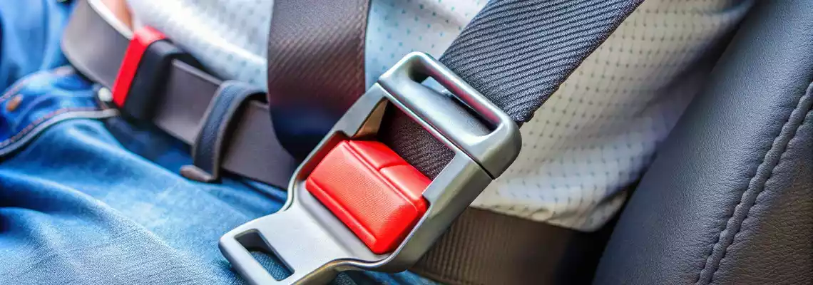 Close-up of a fastened car seat belt across a person's lap.