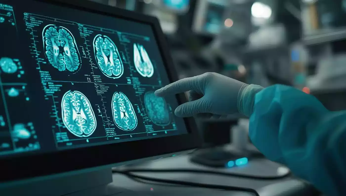 A gloved hand pointing at a medical monitor displaying multiple cross-sectional brain MRI scans.