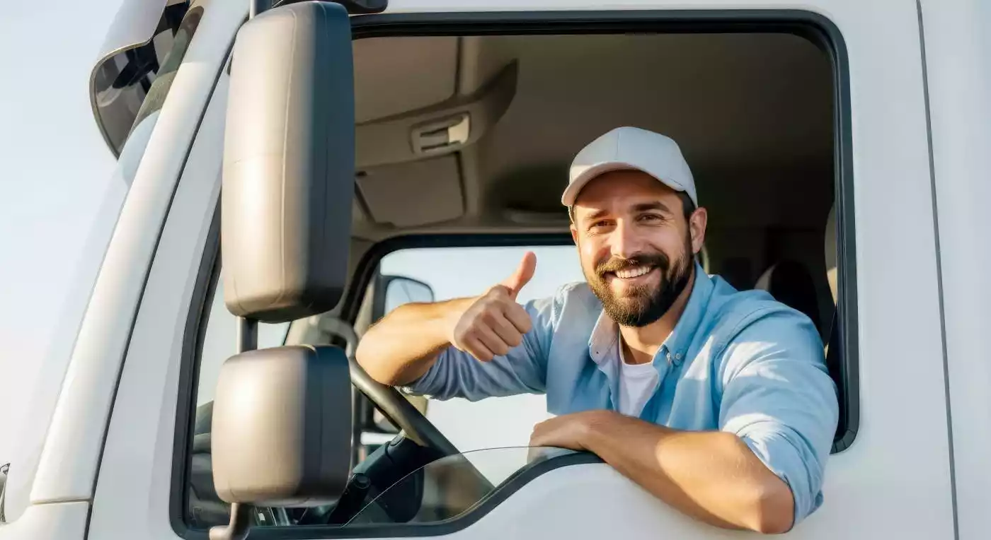 A person with a beard smiling and giving a thumbs-up while driving a truck.